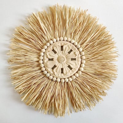 Decor de perete din paie țesute manual INS Boho Mărgele marocane din lemn Ornament pentru agățat pe perete Decor nordic rotund pentru sufragerie