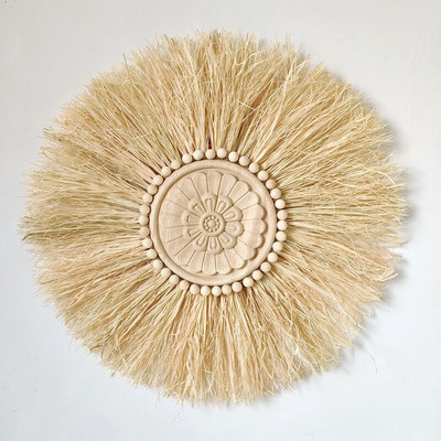 Decor de perete din paie țesute manual INS Boho Mărgele marocane din lemn Ornament pentru agățat pe perete Decor nordic rotund pentru sufragerie