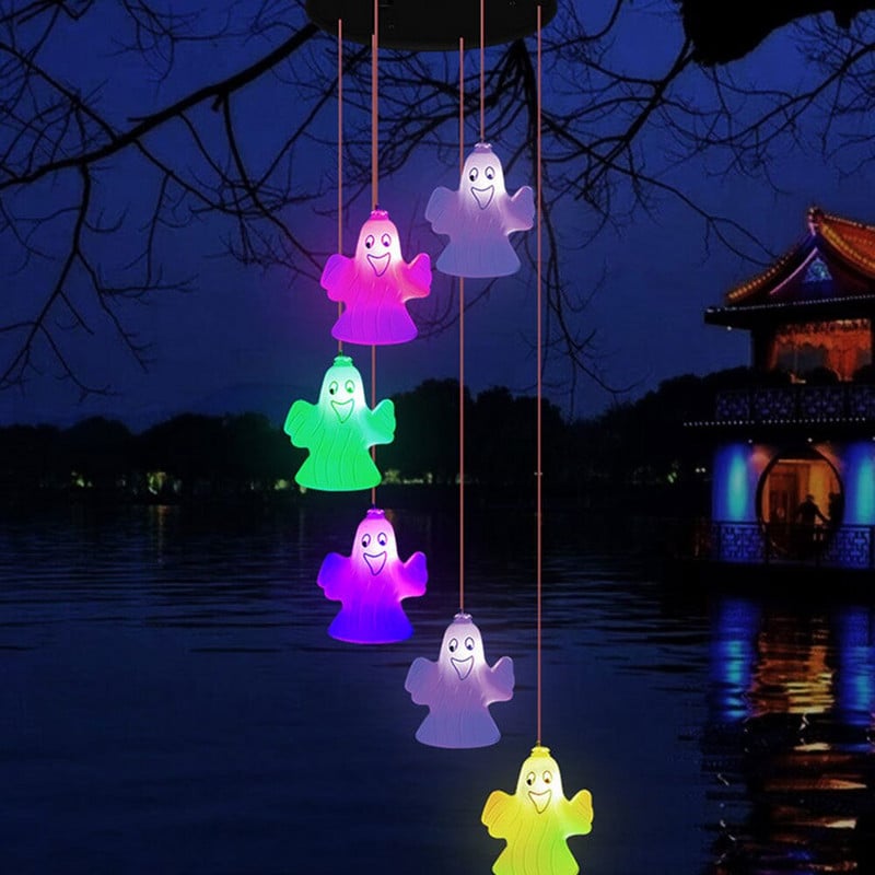 LED napelemes szélcsengő fény kültéri Halloween ijesztő sütőtök koponya manó kerti hangulatú dekoratív lámpák