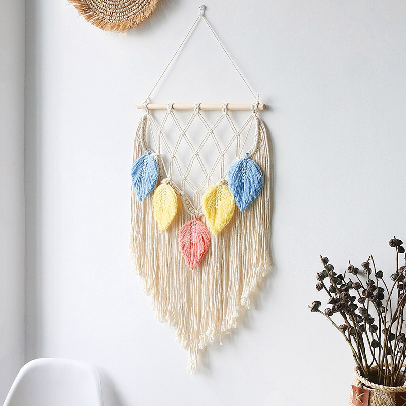 Boho Colorful Leaves Gobelin Bojt fali dekoráció Makramé falakasztó, kézzel készített szövött álomfogó karácsonyi esküvői ajándék