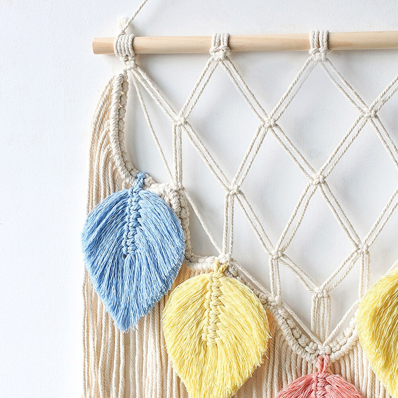 Boho Colorful Leaves Gobelin Bojt fali dekoráció Makramé falakasztó, kézzel készített szövött álomfogó karácsonyi esküvői ajándék