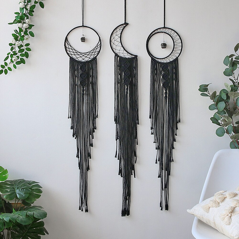Nordic Black Moon Star Makramé Álomfogó Otthoni dekoráció Falra akasztott fali kárpit Boho fali dekoráció nappali hálószobába