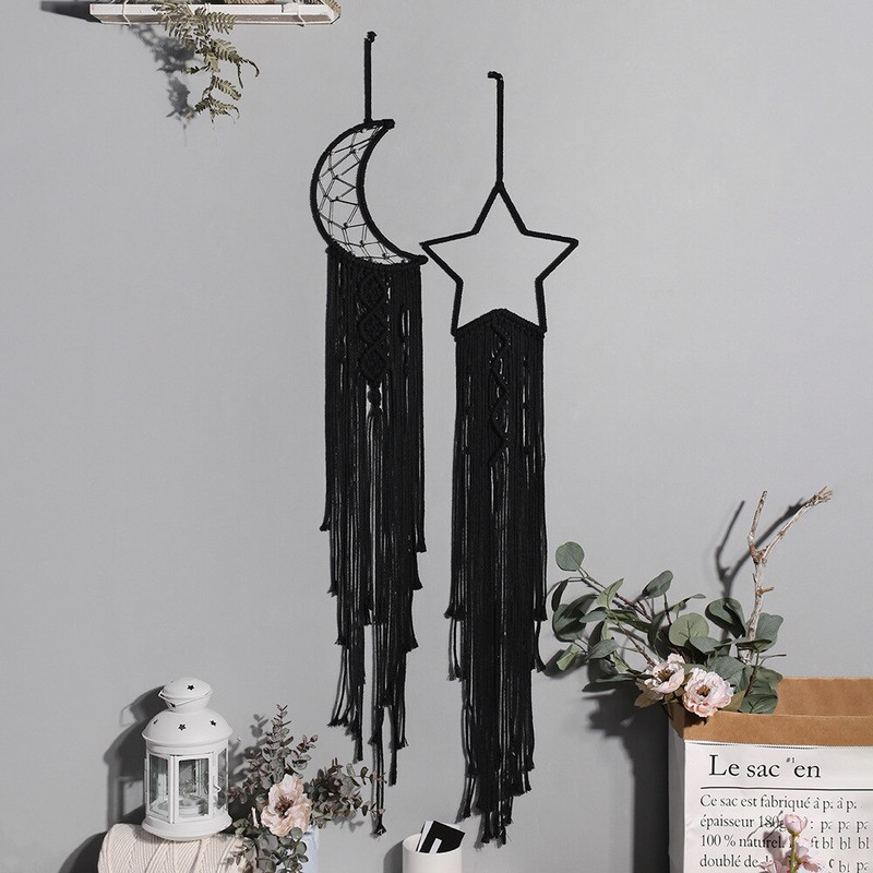 Nordic Black Moon Star Makramé Álomfogó Otthoni dekoráció Falra akasztott fali kárpit Boho fali dekoráció nappali hálószobába