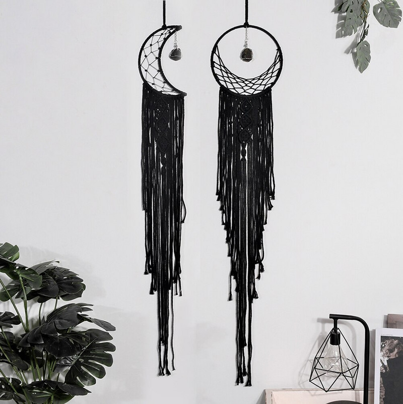Nordic Black Moon Star Makramé Álomfogó Otthoni dekoráció Falra akasztott fali kárpit Boho fali dekoráció nappali hálószobába