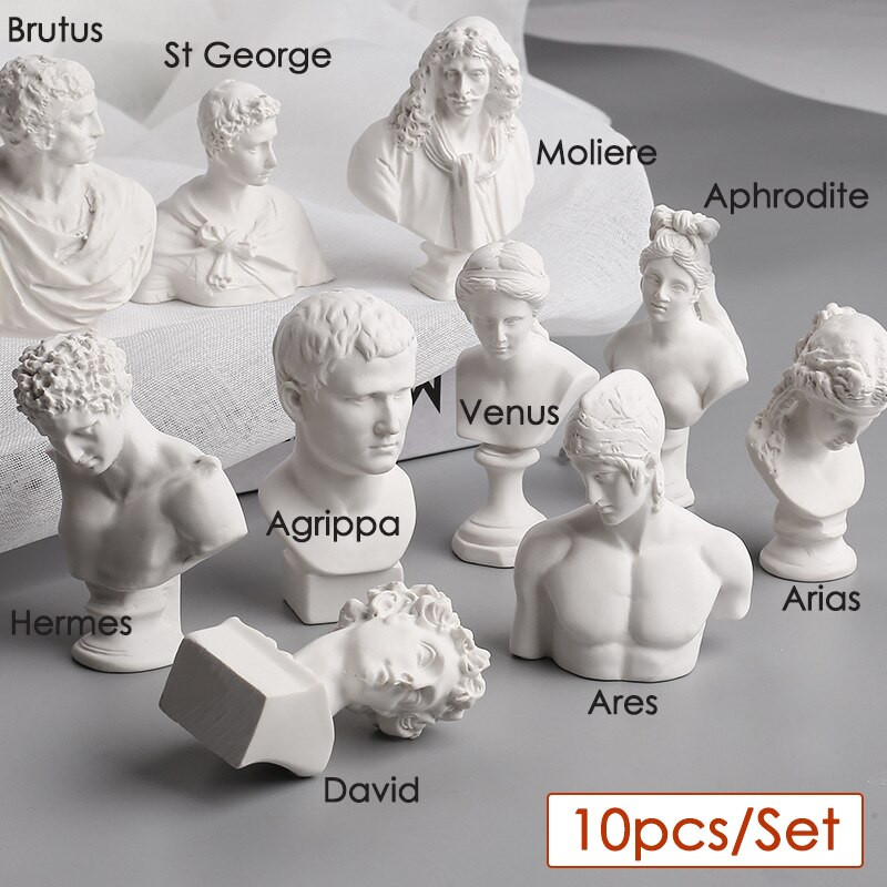 10 darab/készlet Gyanta mini gipsz szobor sztereoszkópikus kézműves díszek görög mitológia figurák gipsz portrék mellszobor rajzoláshoz