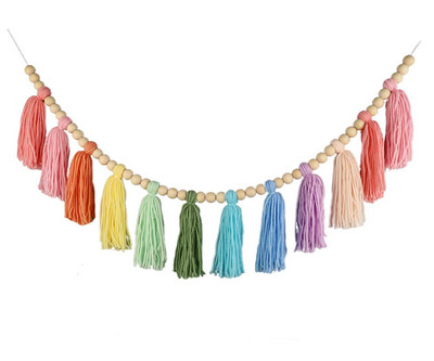 Vaivorykštės medinių karoliukų kutų virvelė pastelinė vaivorykštės kutų girlianda Bohemiška kutų styga girlianda reklaminė juosta Namų sienų dekoravimas