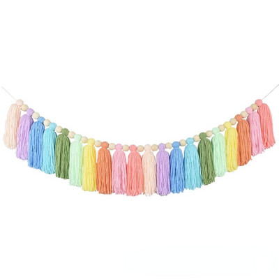 Vaivorykštės medinių karoliukų kutų virvelė pastelinė vaivorykštės kutų girlianda Bohemiška kutų styga girlianda reklaminė juosta Namų sienų dekoravimas