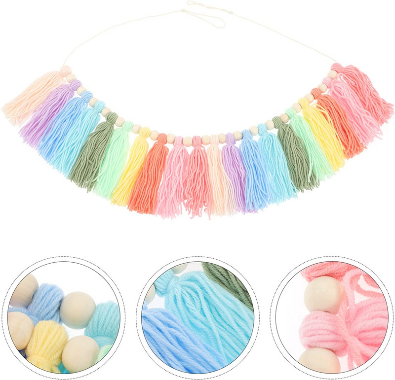 Vaivorykštės medinių karoliukų kutų virvelė pastelinė vaivorykštės kutų girlianda Bohemiška kutų styga girlianda reklaminė juosta Namų sienų dekoravimas