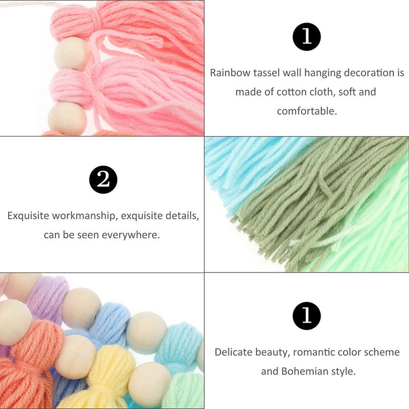 Vaivorykštės medinių karoliukų kutų virvelė pastelinė vaivorykštės kutų girlianda Bohemiška kutų styga girlianda reklaminė juosta Namų sienų dekoravimas