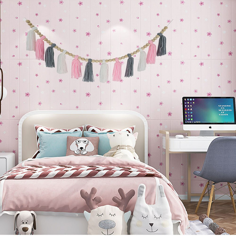 Vaivorykštės medinių karoliukų kutų virvelė pastelinė vaivorykštės kutų girlianda Bohemiška kutų styga girlianda reklaminė juosta Namų sienų dekoravimas