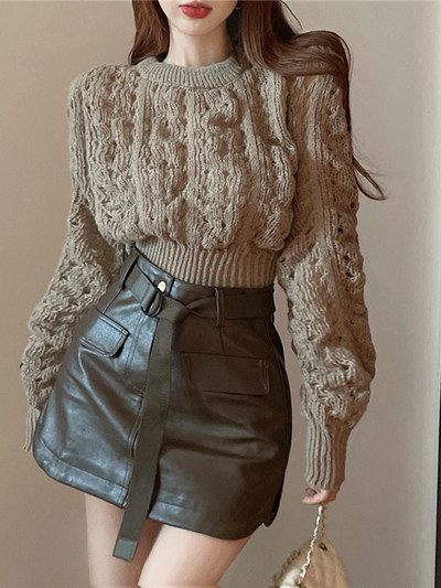 Pulover de dama tricotat cu decolteu rotund - trei culori