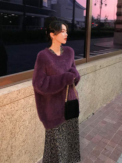 Pulover de damă din puf cu decolteu rotund - model larg