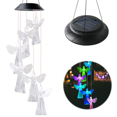 Chime solar de vânt cu schimbare de culoare, înger, pasăre colibri în aer liber, fluture, bob de orez colorat, peisaj decorativ, lumina decor de grădină