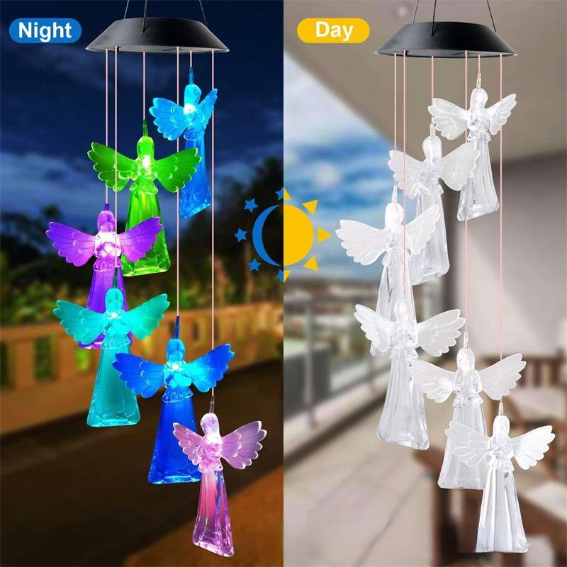 Chime solar de vânt cu schimbare de culoare, înger, pasăre colibri în aer liber, fluture, bob de orez colorat, peisaj decorativ, lumina decor de grădină