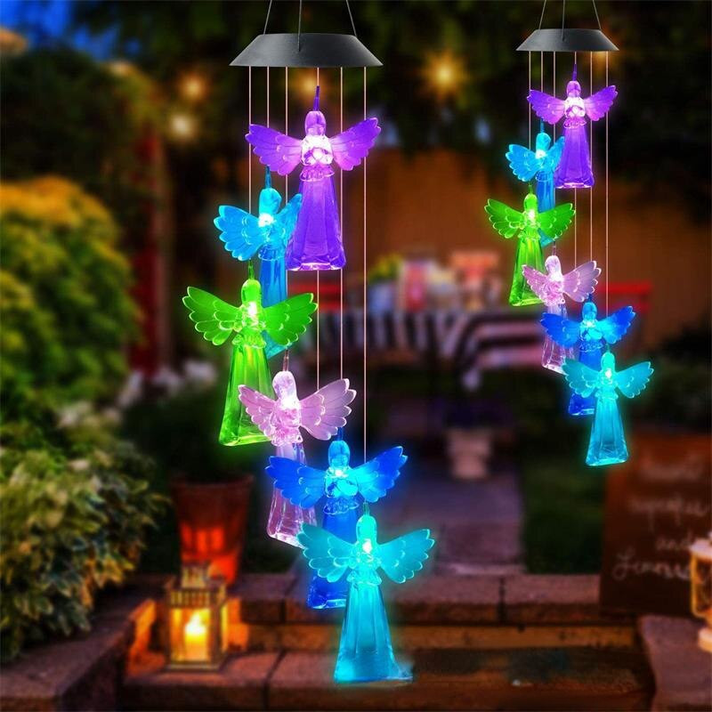 Chime solar de vânt cu schimbare de culoare, înger, pasăre colibri în aer liber, fluture, bob de orez colorat, peisaj decorativ, lumina decor de grădină