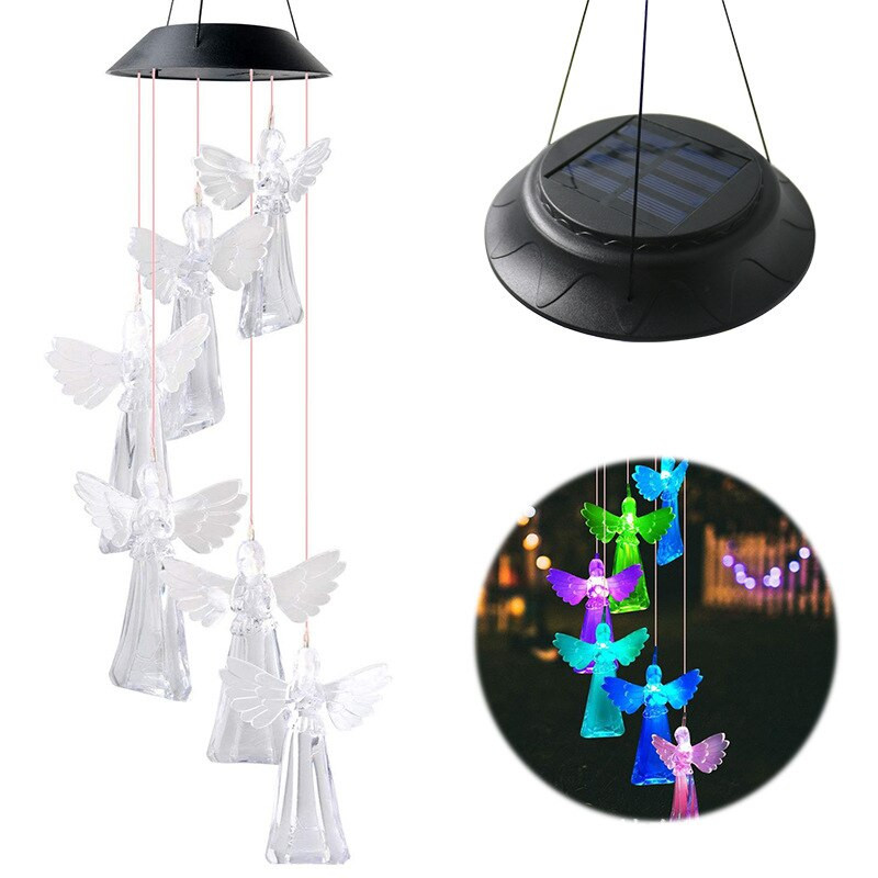 Chime solar de vânt cu schimbare de culoare, înger, pasăre colibri în aer liber, fluture, bob de orez colorat, peisaj decorativ, lumina decor de grădină