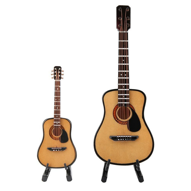 10/16 cm-es fából készült elektromos gitár modell bemutató állvánnyal Babaház Miniatűr hangszerek Díszjátékok