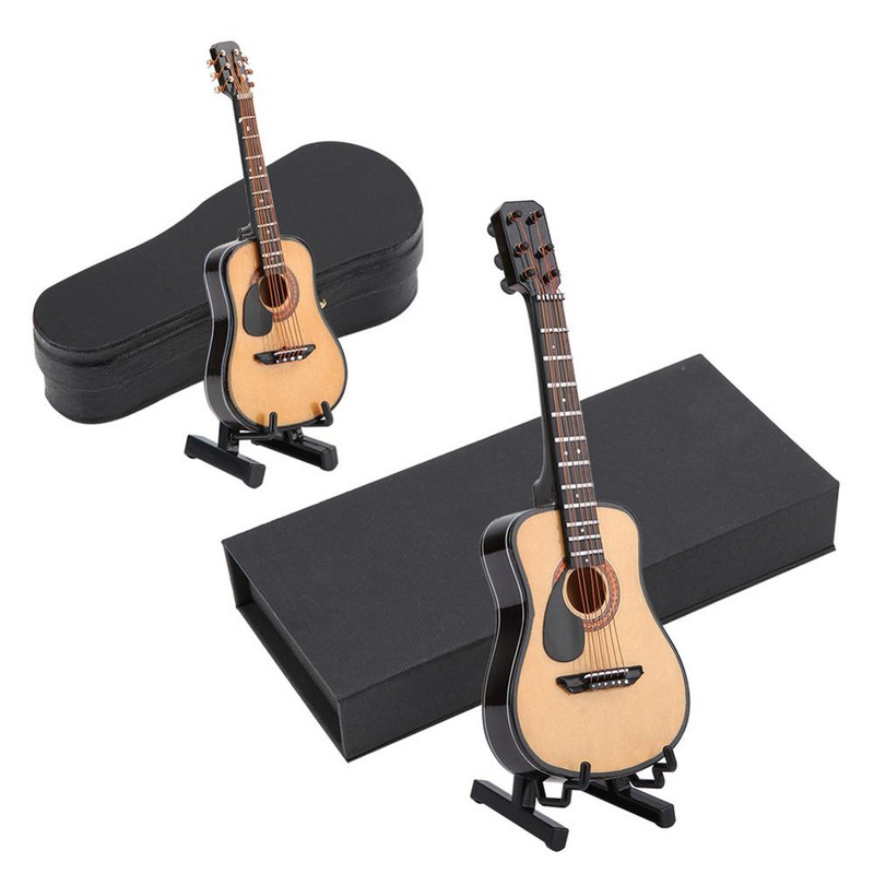 10/16 cm-es fából készült elektromos gitár modell bemutató állvánnyal Babaház Miniatűr hangszerek Díszjátékok