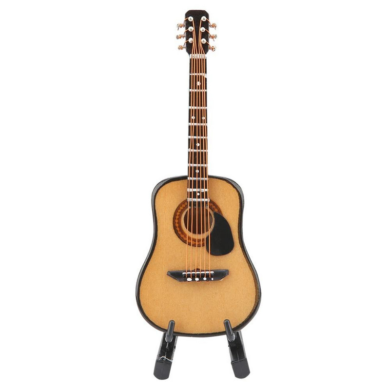 10/16 cm-es fából készült elektromos gitár modell bemutató állvánnyal Babaház Miniatűr hangszerek Díszjátékok