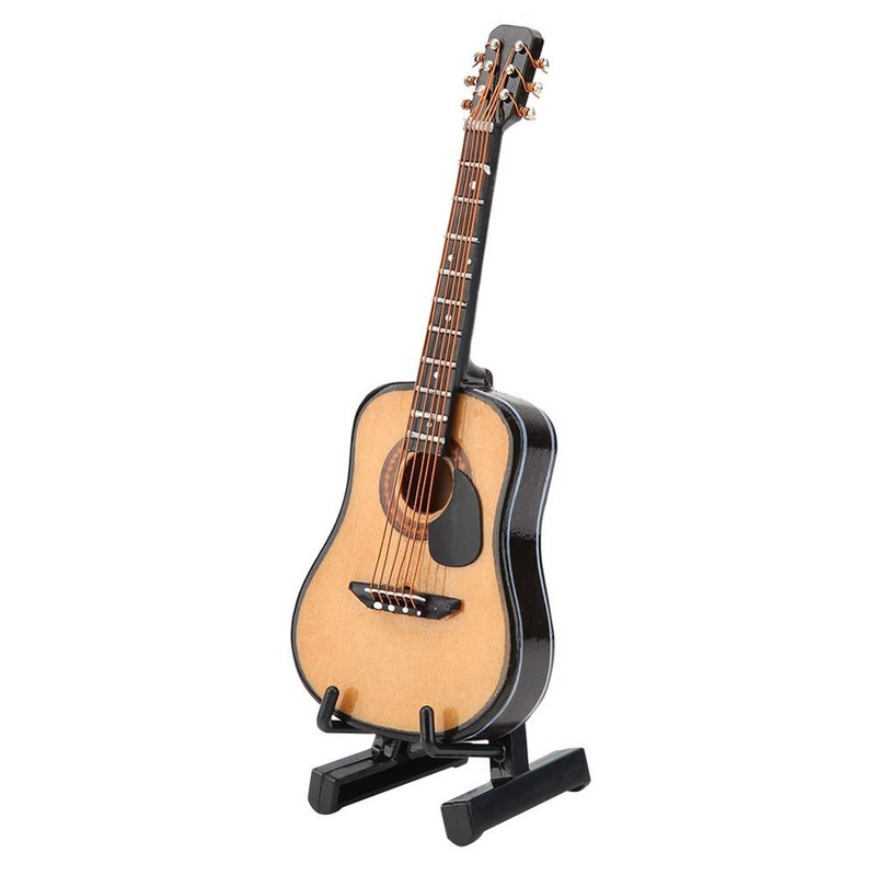 10/16 cm-es fából készült elektromos gitár modell bemutató állvánnyal Babaház Miniatűr hangszerek Díszjátékok