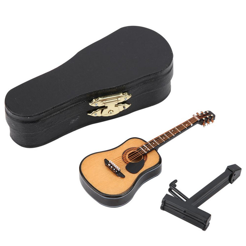 10/16 cm-es fából készült elektromos gitár modell bemutató állvánnyal Babaház Miniatűr hangszerek Díszjátékok