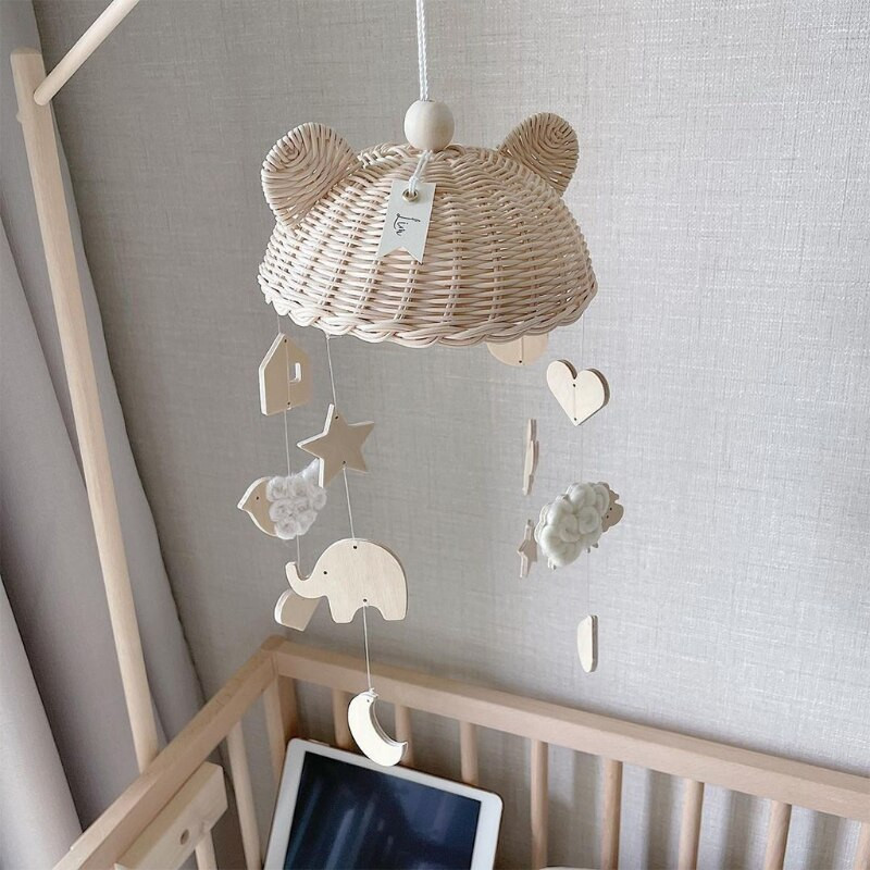 1 db Nordic stílusú babaágy Rattan csörgők ágyharang Mobilok játék aranyos rajzfilm állat lógó szélcsengő medál dekoráció