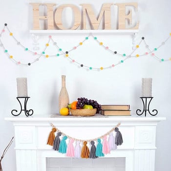 Boho Tassel Garland Φούντα Διακόσμηση τοίχου Παστέλ Φούντα Πανό με Ξύλινες Χάντρες και 2 Τεμάχια Πολύχρωμο Πομ Πομ