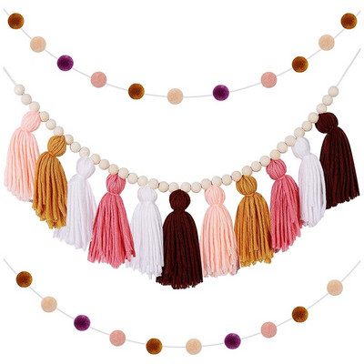 Boho Tassel Garland Φούντα Διακόσμηση τοίχου Παστέλ Φούντα Πανό με Ξύλινες Χάντρες και 2 Τεμάχια Πολύχρωμο Πομ Πομ