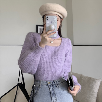 Moderan ženski zimski pulover s dugim rukavima i četvrtastim izrezom