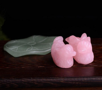 1 комплект розов кварц патица мандарина естествен камък резбован любовник символизираща фигурка зелен авантюрин поставка