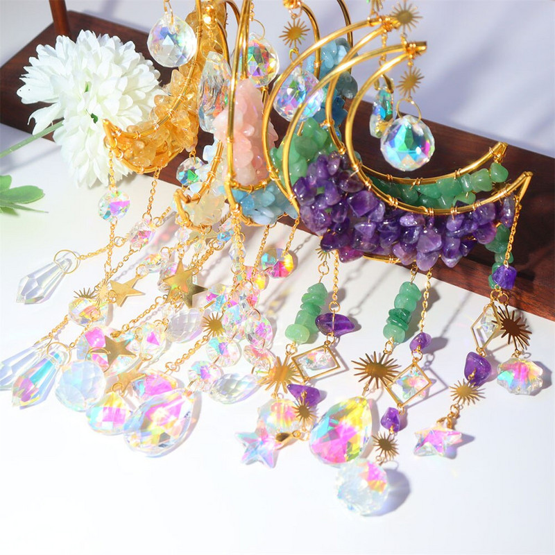 Krištolinis vėjo varpelis sferinis mėnulio gaudytojas kabantis pakabukas deimantas, natūralaus akmens prizmė, papuošalai užuolaidos, amatų langas