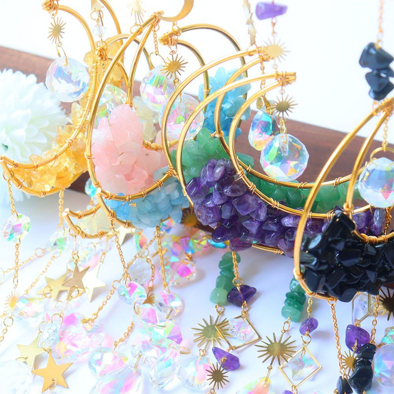 Krištolinis vėjo varpelis sferinis mėnulio gaudytojas kabantis pakabukas deimantas, natūralaus akmens prizmė, papuošalai užuolaidos, amatų langas