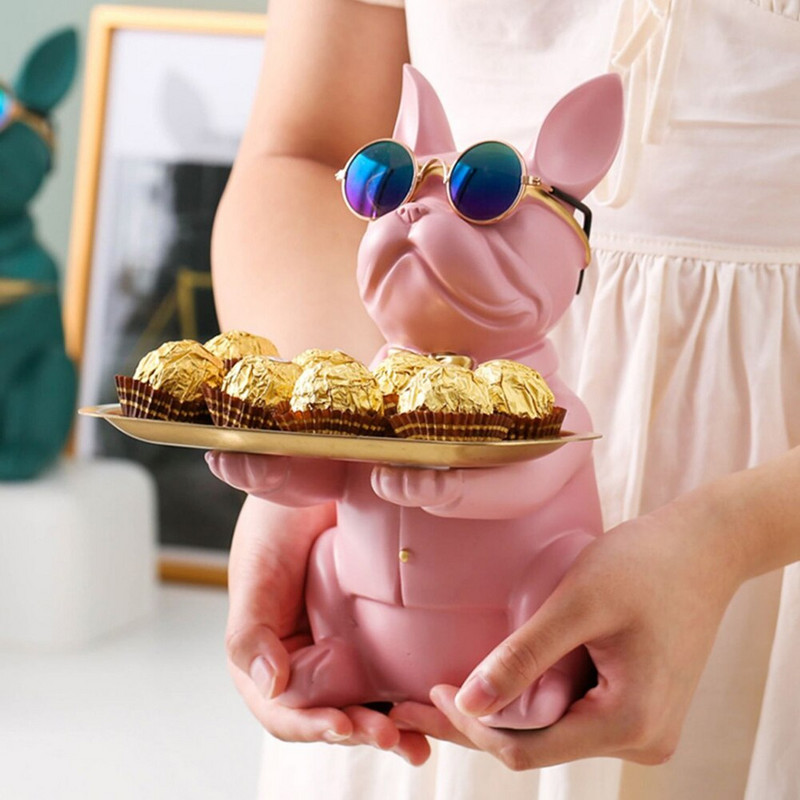 Nordic Resin Bulldog Szobor Kutya Figura Szobor Otthon Asztali Kulcs Ékszerek Uzsonnás Cukorka Tároló Tálca Tartó Dekorációs Dísz