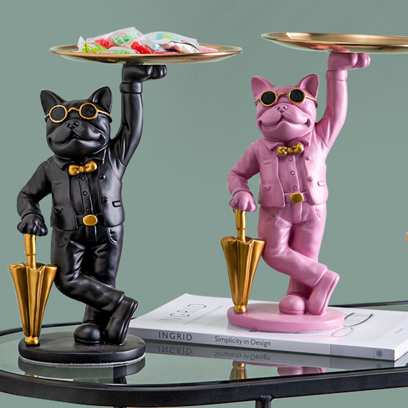 Nordic Resin Bulldog Szobor Kutya Figura Szobor Otthon Asztali Kulcs Ékszerek Uzsonnás Cukorka Tároló Tálca Tartó Dekorációs Dísz