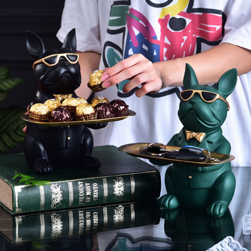 Nordic Resin Bulldog Szobor Kutya Figura Szobor Otthon Asztali Kulcs Ékszerek Uzsonnás Cukorka Tároló Tálca Tartó Dekorációs Dísz