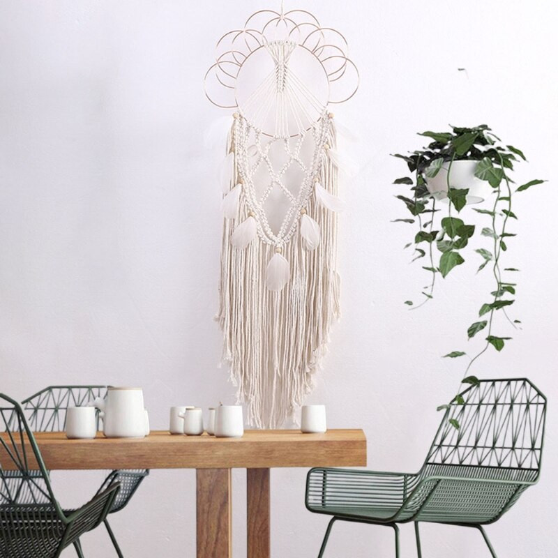 Makramé falra akasztható álomfogó Boho kézzel készített szőtt bojtos toll kárpit gyerekszoba esküvői dekorációhoz