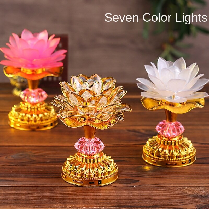 7 színű lótuszvirág lámpa Buddhista imalámpák 52 buddhista dal Buddha zenegép LED színváltó templomfény