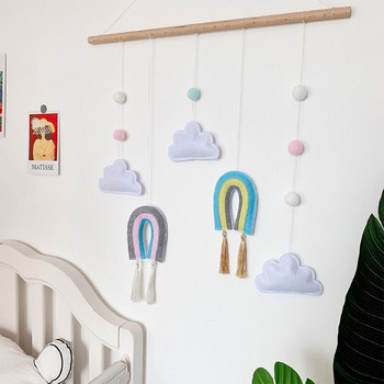 Σκανδιναβικό χαριτωμένο τσόχα σύννεφα σε σχήμα τοίχου στολίδι Κρεμαστό με φούντα ξύλινο ραβδί Διακόσμηση παιδικού δωματίου Rainbow Nursery Photo Prop