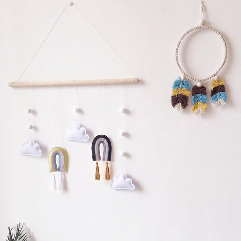 Skandináv aranyos filcfelhők formájú falra akasztott dísz fa bot bojtos medál gyerekszoba dekoráció szivárvány óvoda fotó kellék