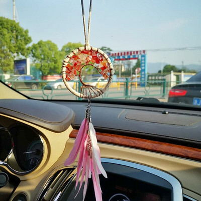 Roheline ja roosa elupuu autodekoratsioon sisekaunistus unenäopüüdja sulgedega