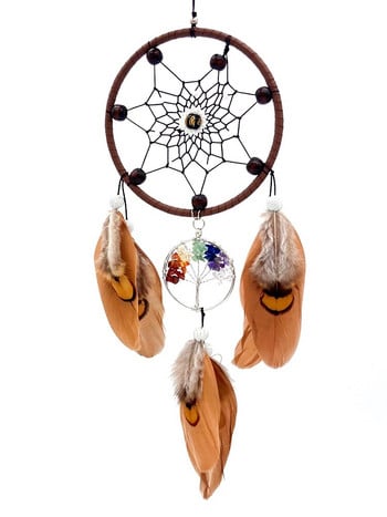 Tree of Life Dream Catcher Καφέ Φτερό Χειροποίητη Χειροτεχνία