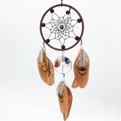 Tree of Life Dream Catcher Καφέ Φτερό Χειροποίητη Χειροτεχνία