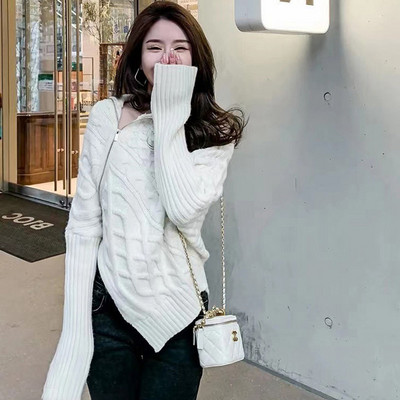 Γυναικείο ασύμμετρο πουλόβερ με φερμουάρ