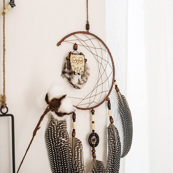 Φτερά κουκουβάγιας σε σκανδιναβικό στυλ Dream Catcher Εσωτερική διακόσμηση Πλεκτό κρεμαστό μενταγιόν με πλέγμα φεγγαριού για διακόσμηση σπιτιού υπνοδωματίου ή ως δώρο