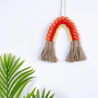 Šiaurės šalių vaivorykštės mediniai karoliukai stygos kanapių virvės kutai girlianda kabantis pakabukas namų dekoravimo sienų papuošalai