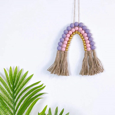 Šiaurės šalių vaivorykštės mediniai karoliukai stygos kanapių virvės kutai girlianda kabantis pakabukas namų dekoravimo sienų papuošalai