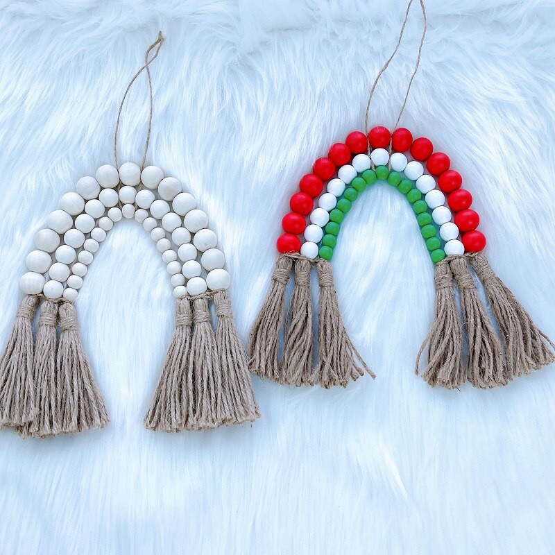 Šiaurės šalių vaivorykštės mediniai karoliukai stygos kanapių virvės kutai girlianda kabantis pakabukas namų dekoravimo sienų papuošalai