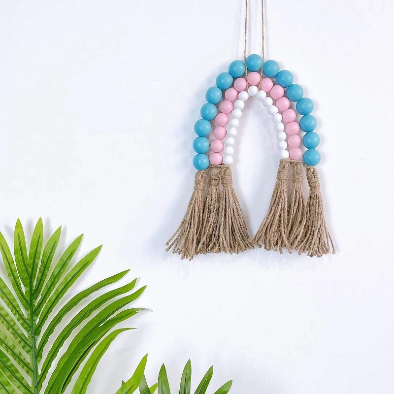 Šiaurės šalių vaivorykštės mediniai karoliukai stygos kanapių virvės kutai girlianda kabantis pakabukas namų dekoravimo sienų papuošalai