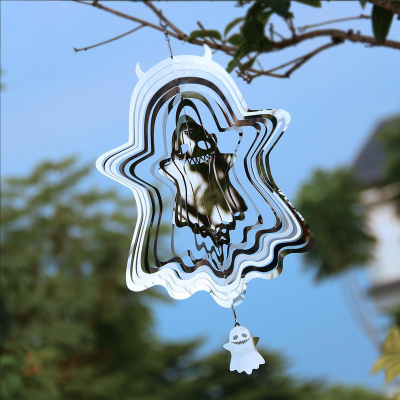 Halloween 3D rozsdamentes szélpörgető pók tök szellem optikai csalódás medál forgó szélcsengő kültéri kerti dekoráció