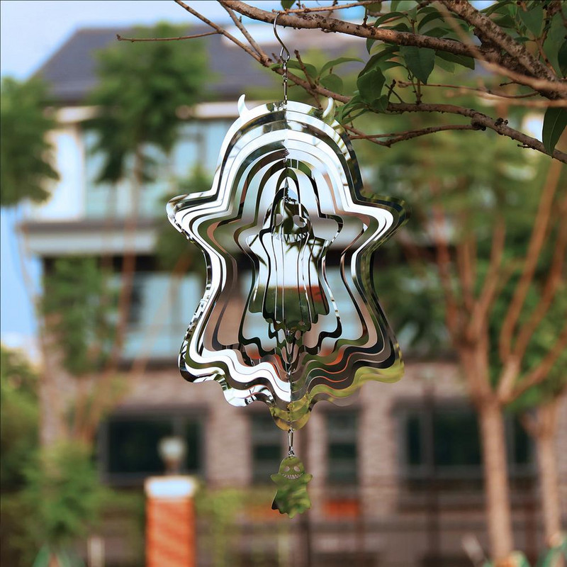 Halloween 3D rozsdamentes szélpörgető pók tök szellem optikai csalódás medál forgó szélcsengő kültéri kerti dekoráció